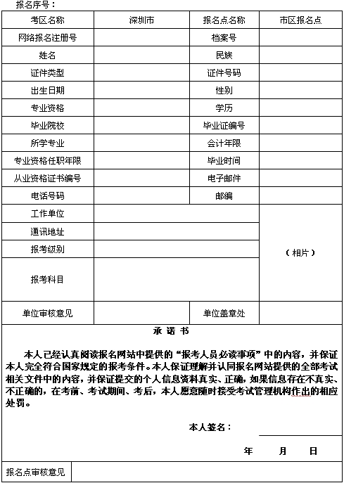廣東深圳2015年初、中、高級會計師考試網(wǎng)上報名考生信息表