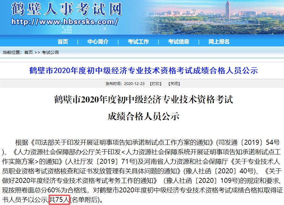 鶴壁2020年初中級經濟師合格人數