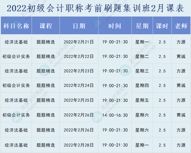 速看！2022初級會計職稱考前刷題集訓班課表已出爐！
