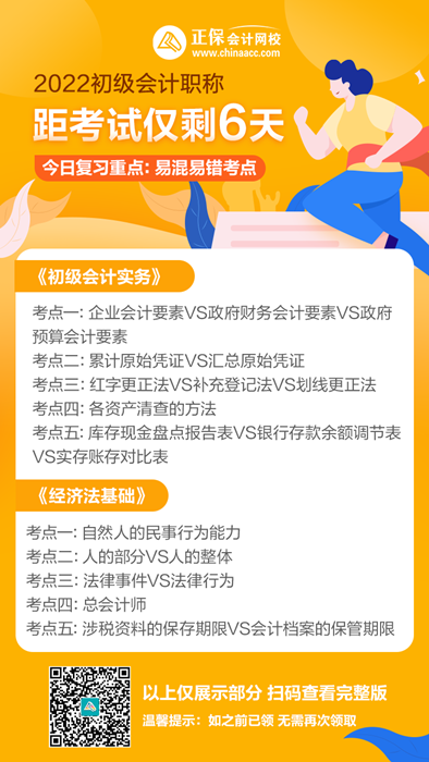 2022初級會計考試倒計時6天！學習回顧重點：易錯易混考點