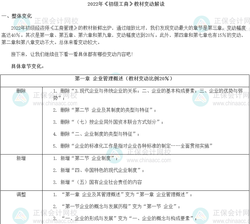 2022年初級經濟師《工商管理》教材變動解讀