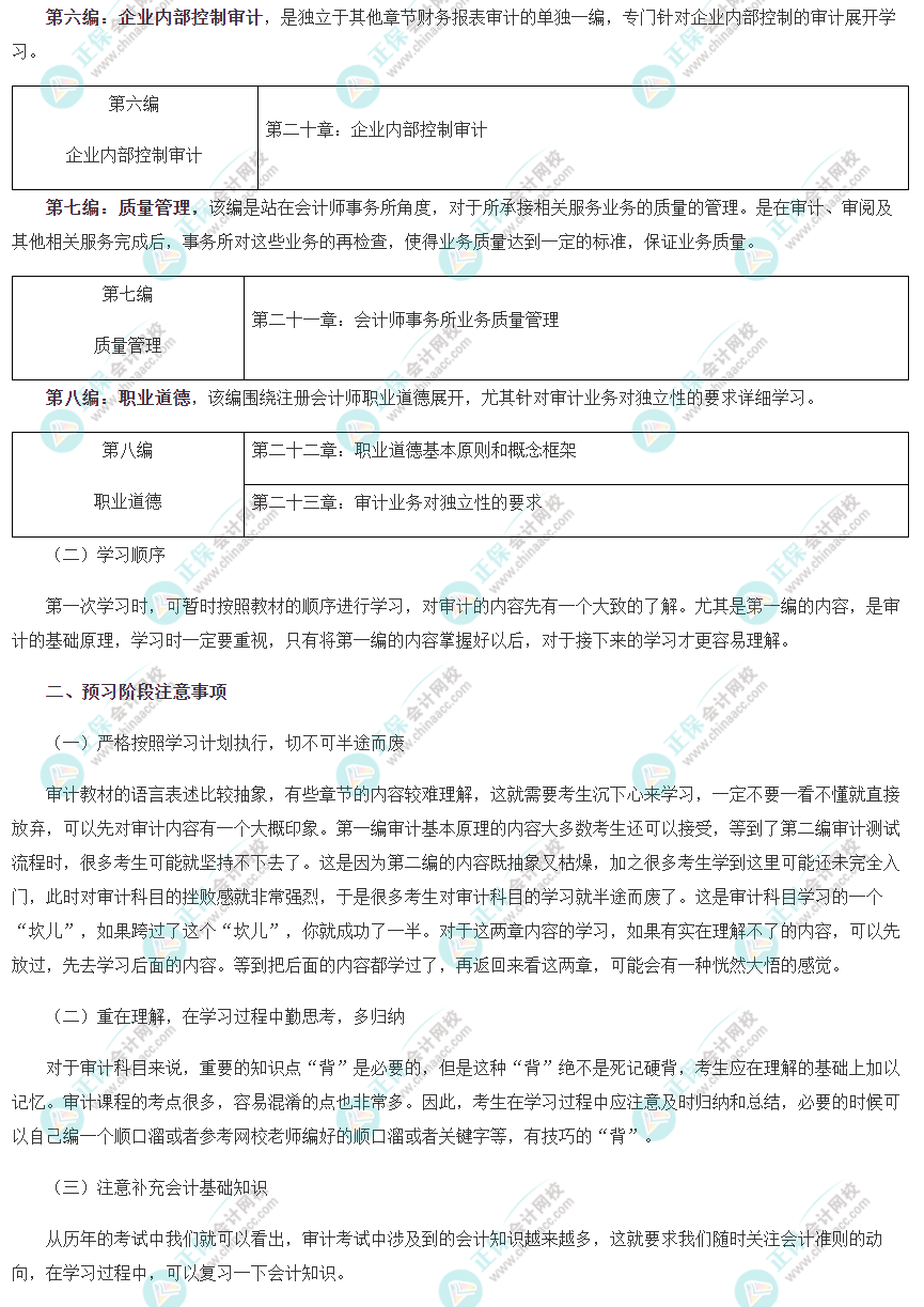 注會《審計》預(yù)習(xí)階段學(xué)習(xí)方法及注意事項(xiàng)