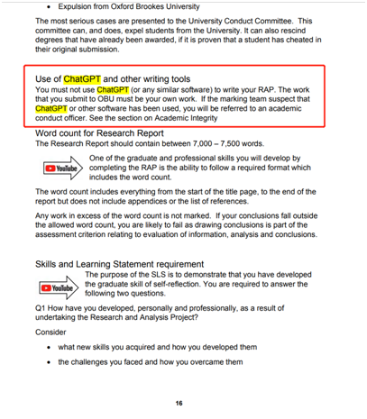 圖2：BSc(Hons) in Applied Accounting Research and Analysis Project(RAP)第16頁關于使用ChatGPT的限制