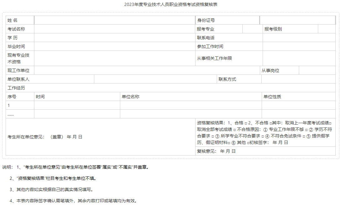 2023年度專業技術人員職業資格考試資格復核表