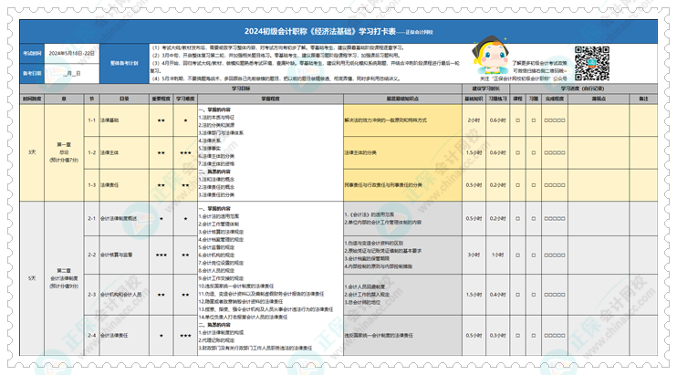快來領~2024年初級會計學習計劃打卡表新鮮出爐！拖延癥很適用！