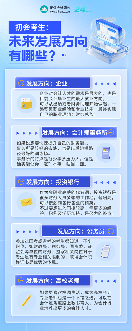 初級會計考生未來的發展方向有哪些？企業、事務所、銀行... ...
