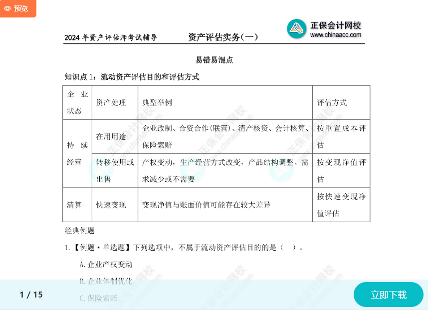 速看！2024資產評估師考試《資產評估實務一》易錯易混知識點